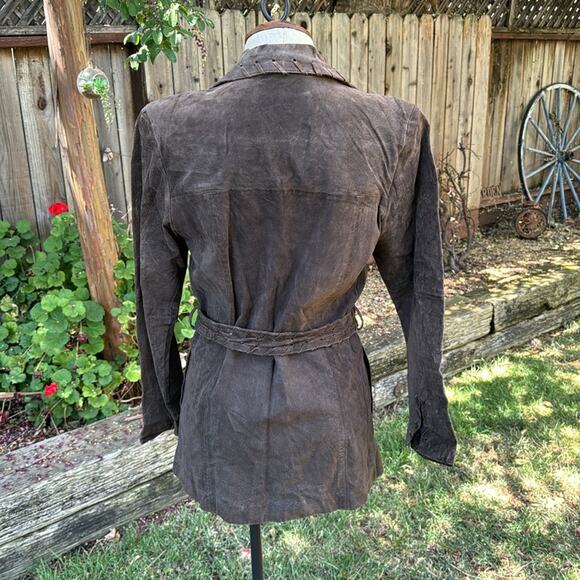 Vtg Y2K Marcelle Renee Brown Suede Leather Whipstitch Trench Coat Women's Small - Picture 4 of 16